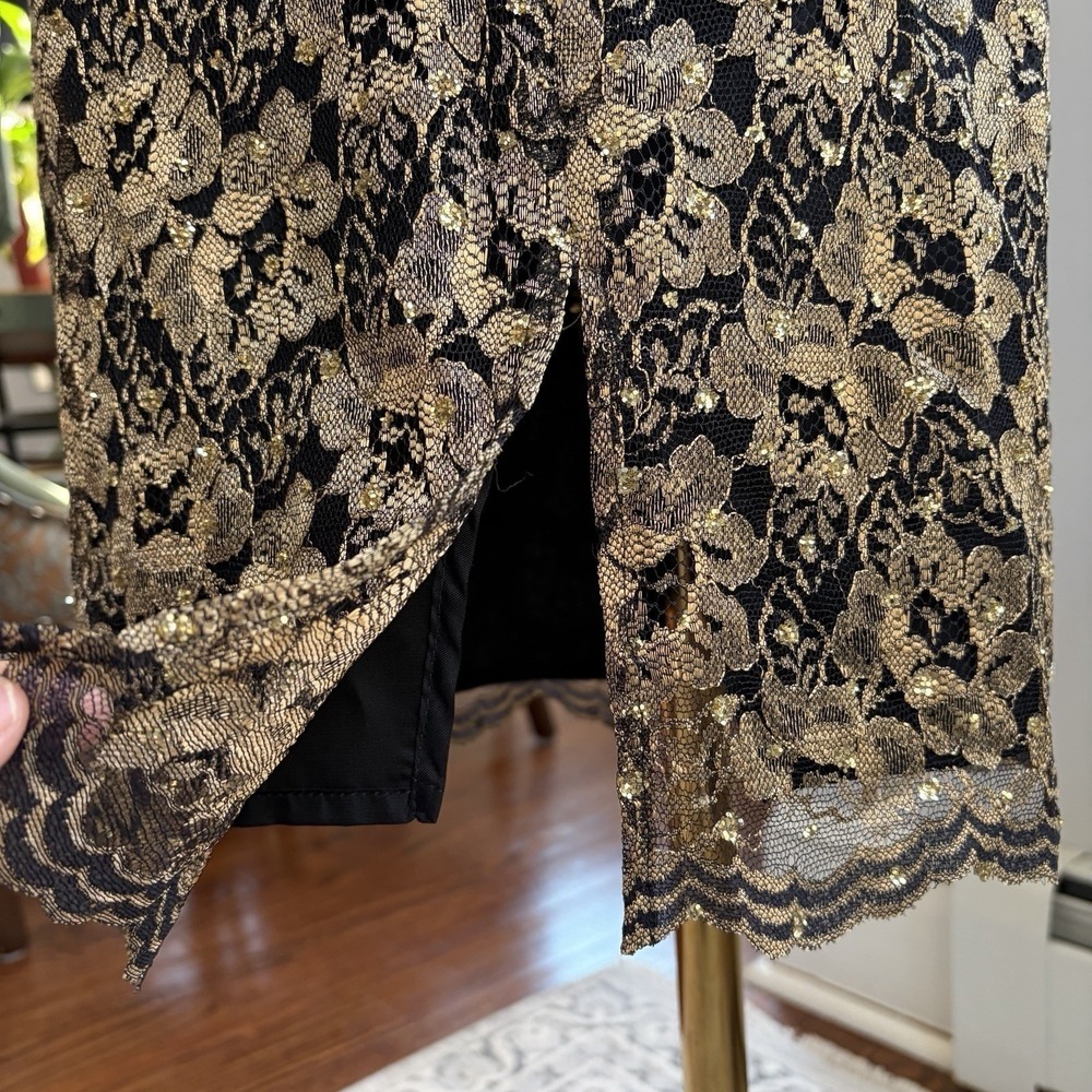 Mica Sleeveless Black Lace Cocktail Dress Sz 4 Sheath Gold Metallic Event Formal - Picture 8 of 16